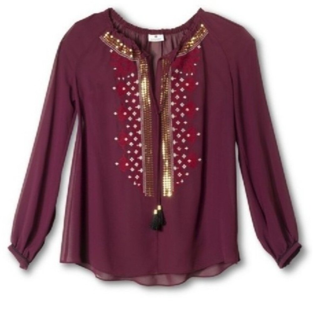 ALTUZARRA SHEER PEASANT Sheer BLOUSE EMBROIDERED RUBY RED HILL SIZE XS